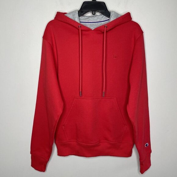 CHAMPION Hoodie Mens Small Red PowerBlend Fleece Pullover Gray Hood Logo - Picture 1 of 8